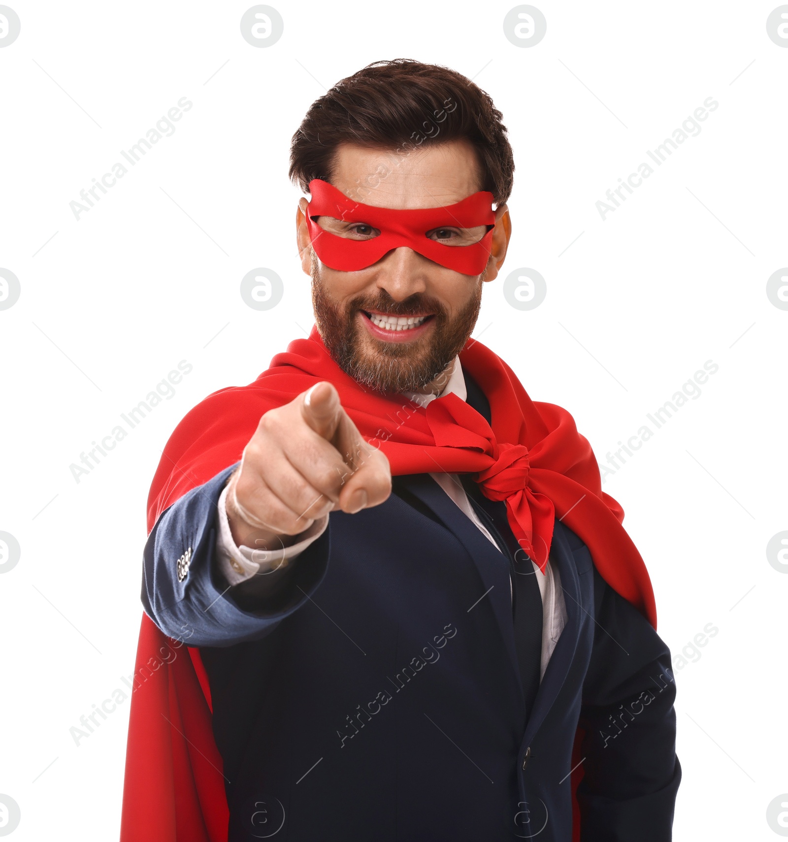 Photo of Happy businessman wearing red superhero cape and mask on white background