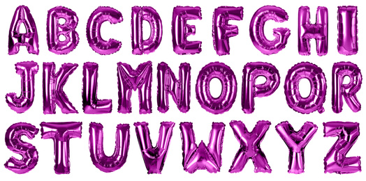Image of Set with purple foil balloons in shape of letters on white background. Banner design