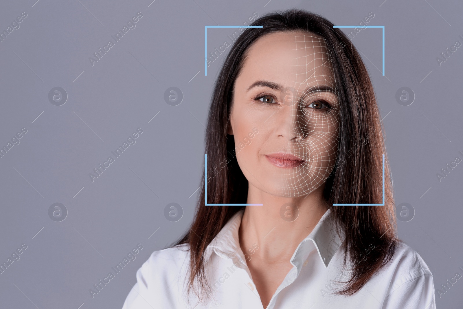 Image of Facial recognition system. Woman with scanner frame and digital biometric grid on grey background, space for text