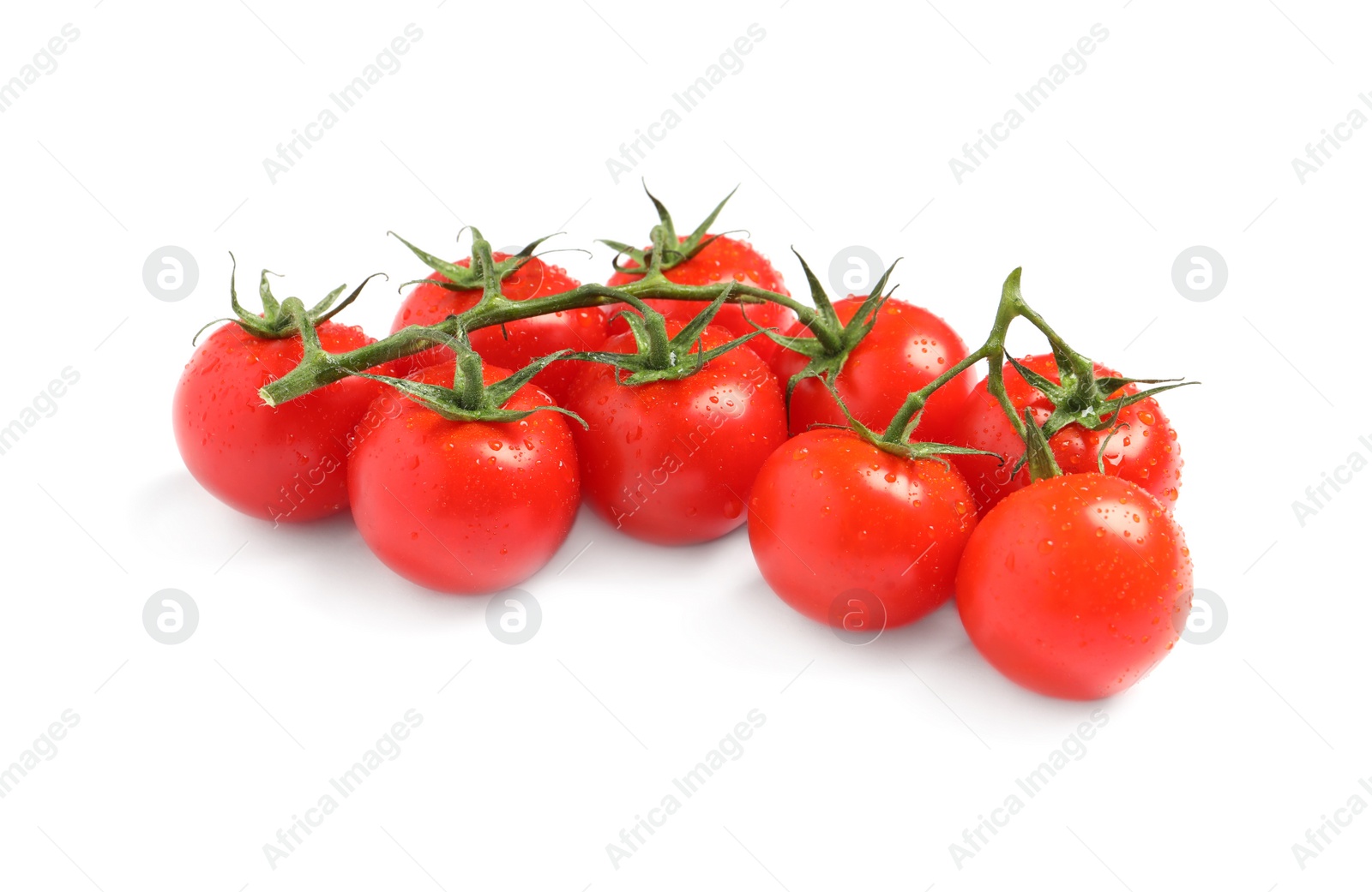 Photo of Branch of fresh cherry tomatoes isolated on white