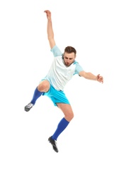 Young man playing football on white background