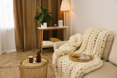 Soft knitted blanket and tray with cup of tea on couch in room. Interior element