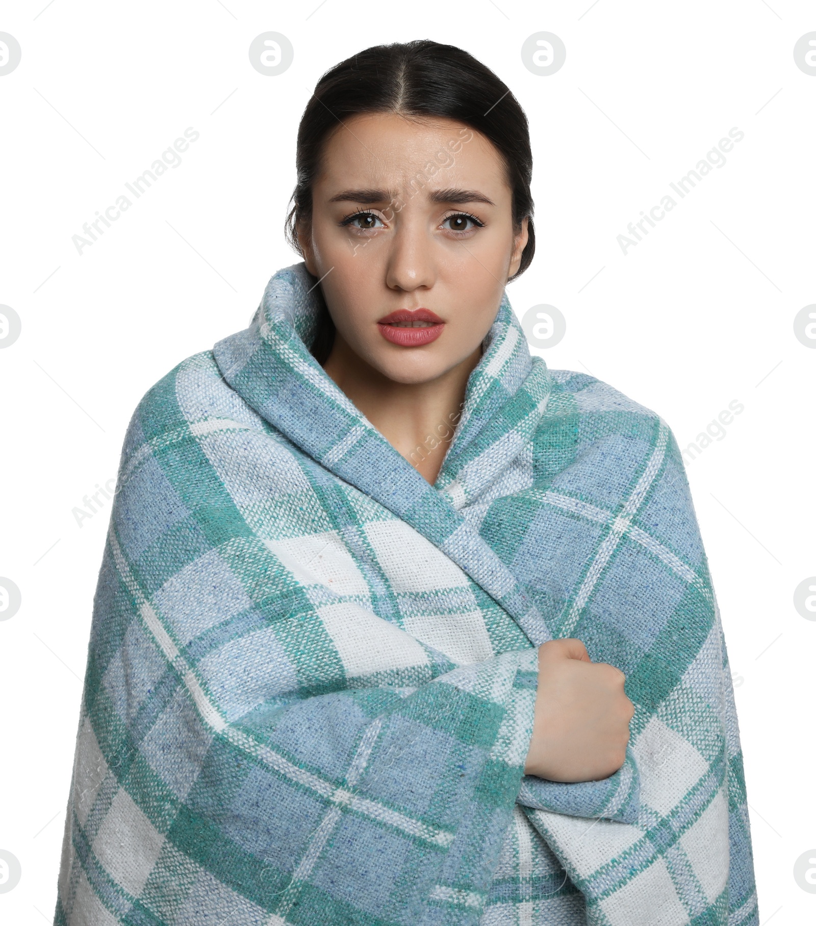 Photo of Young woman wrapped in blanket suffering from fever on white background. Cold symptoms