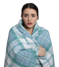 Photo of Young woman wrapped in blanket suffering from fever on white background. Cold symptoms