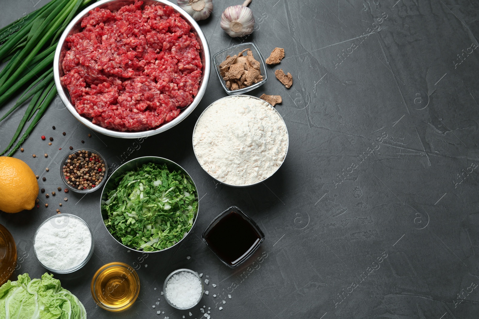 Photo of Flat lay composition with gyoza ingredients on black table, space for text