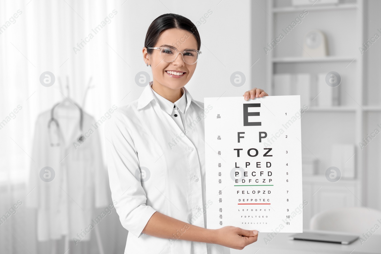 Photo of Ophthalmologist with vision test chart in clinic