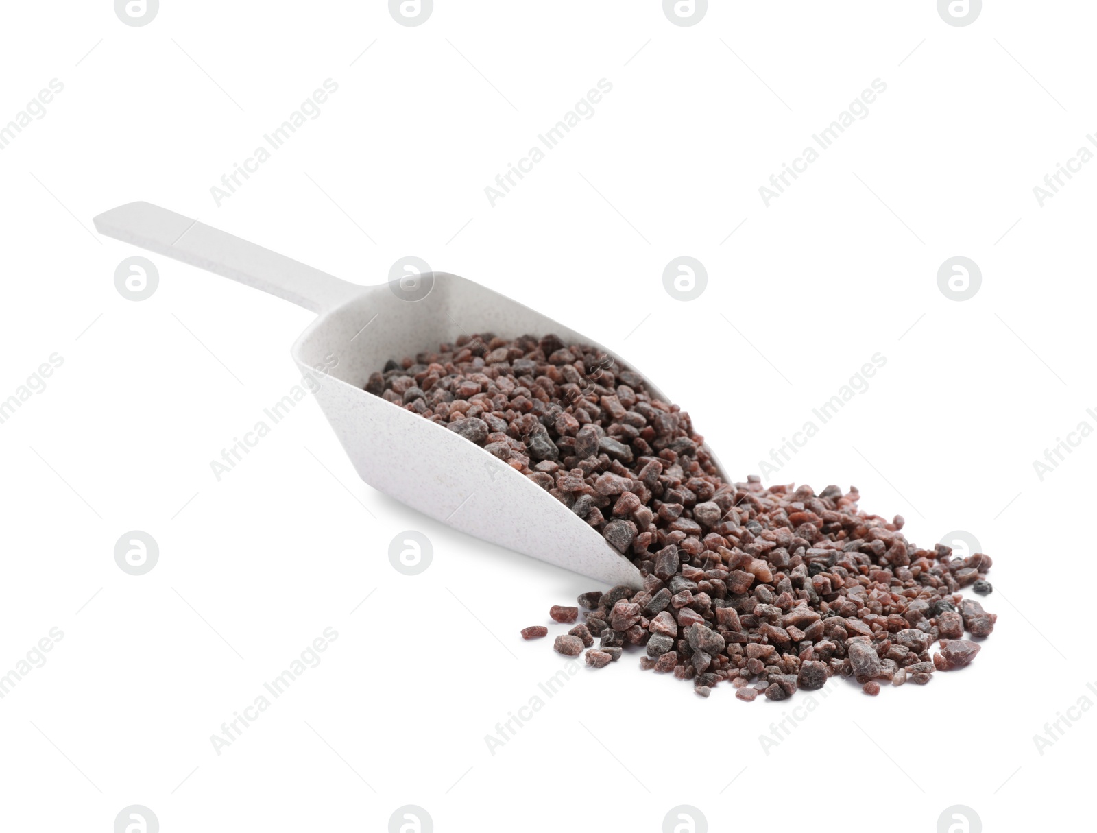 Photo of Black salt and scoop on white background