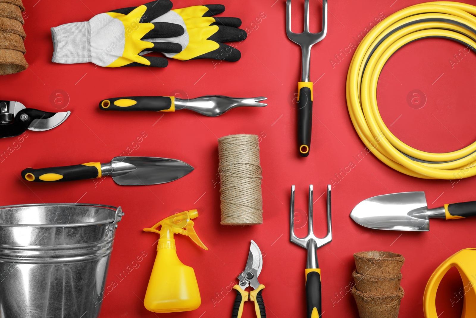 Photo of Flat lay composition with gardening tools on red background