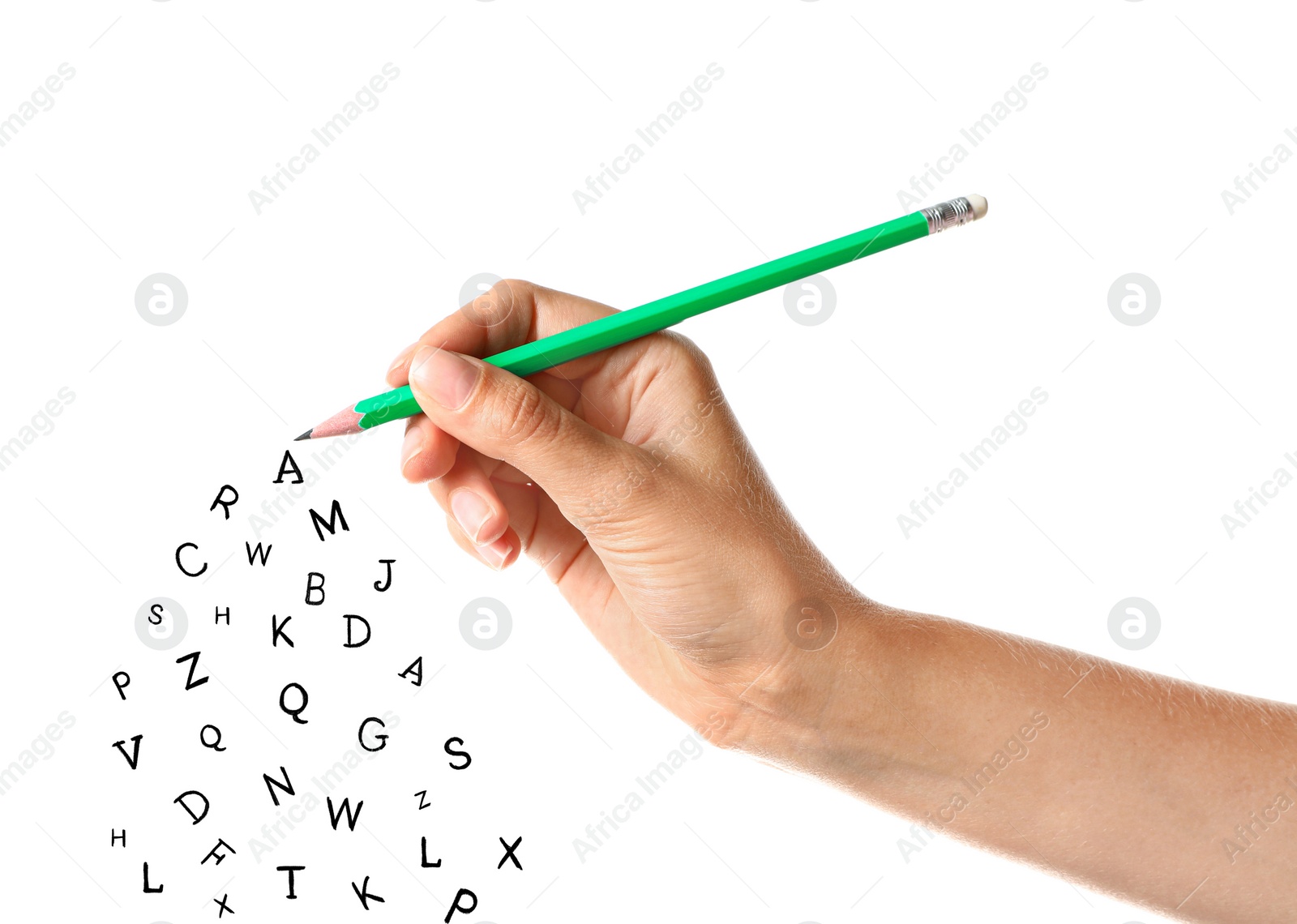 Image of Woman writing letters and they flying away on white background, closeup