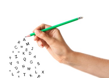 Image of Woman writing letters and they flying away on white background, closeup