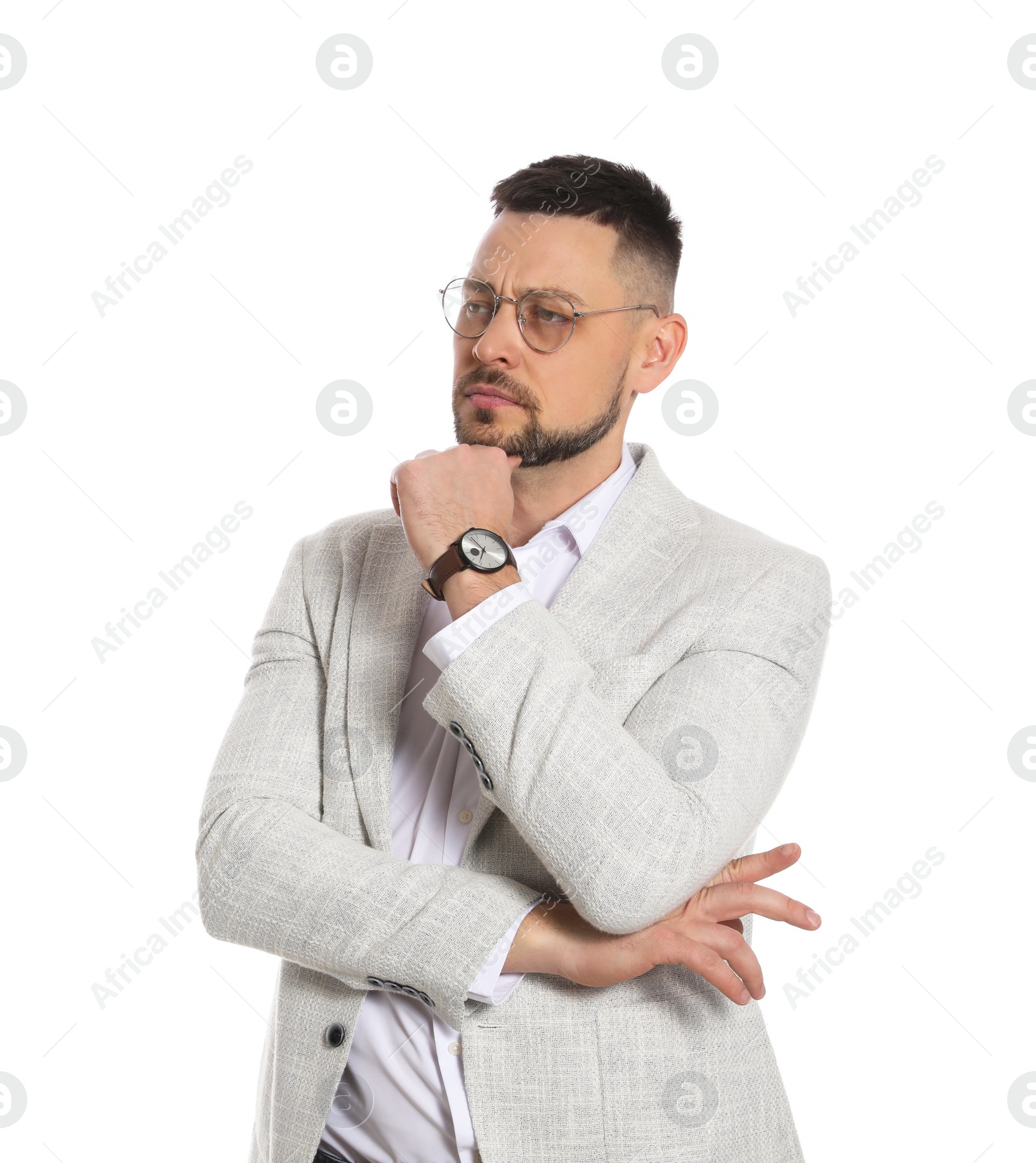 Photo of Confident businessman in glasses on white background