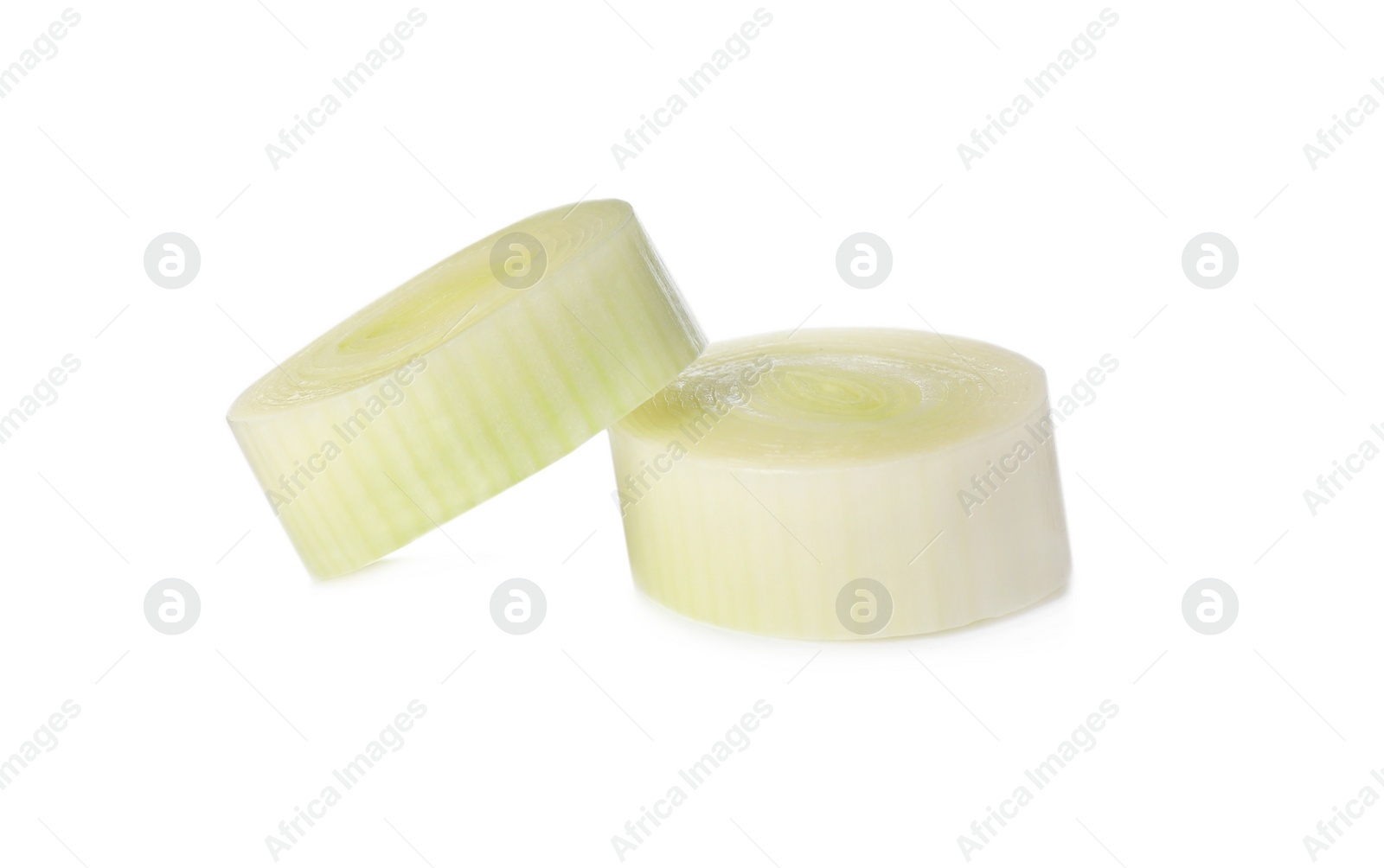 Photo of Fresh raw leek slices on white background