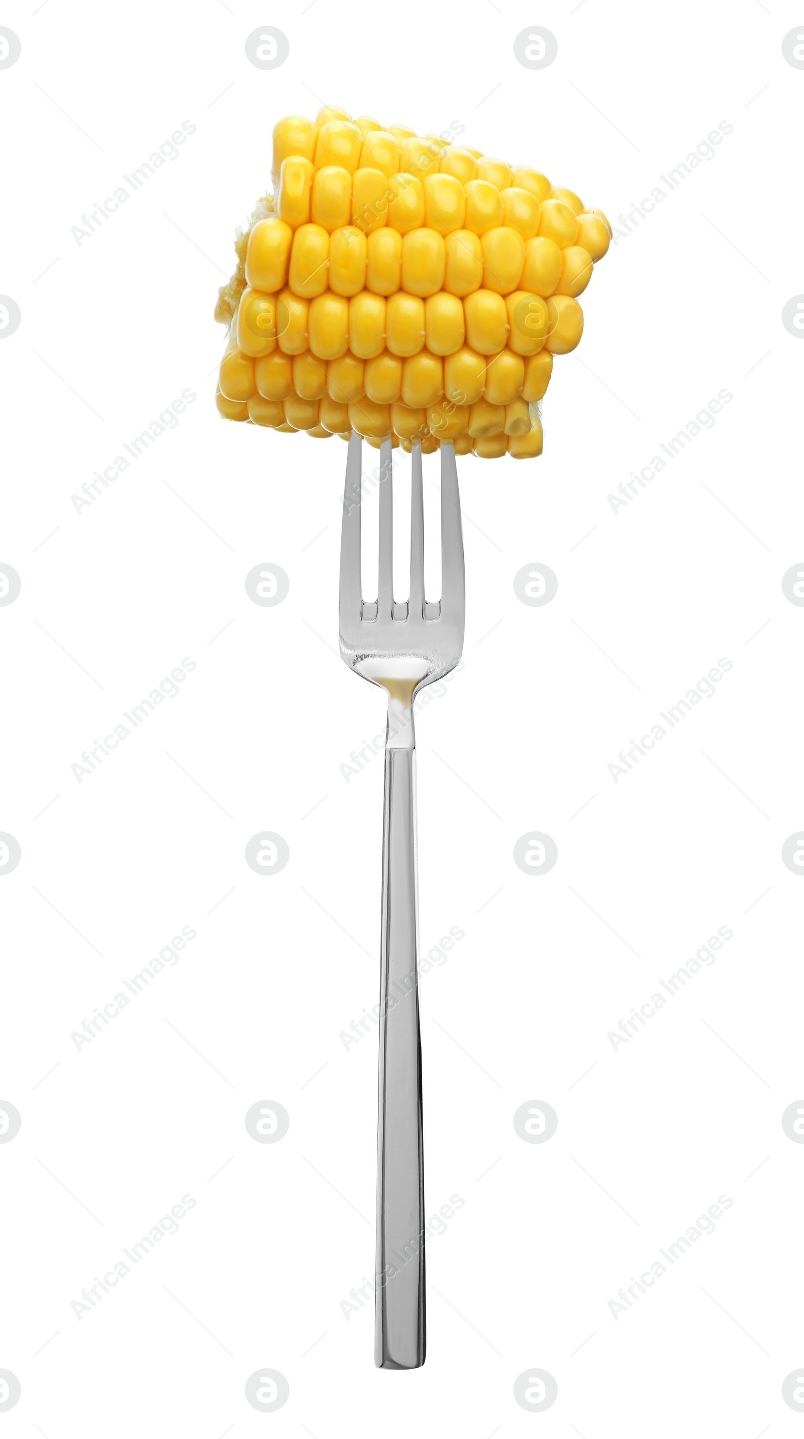 Image of Fork with fresh corn cob isolated on white