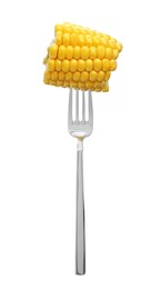 Image of Fork with fresh corn cob isolated on white