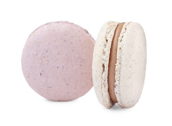 Photo of Different delicious colorful macarons on white background