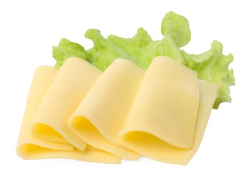 Slices of tasty fresh cheese and lettuce isolated on white