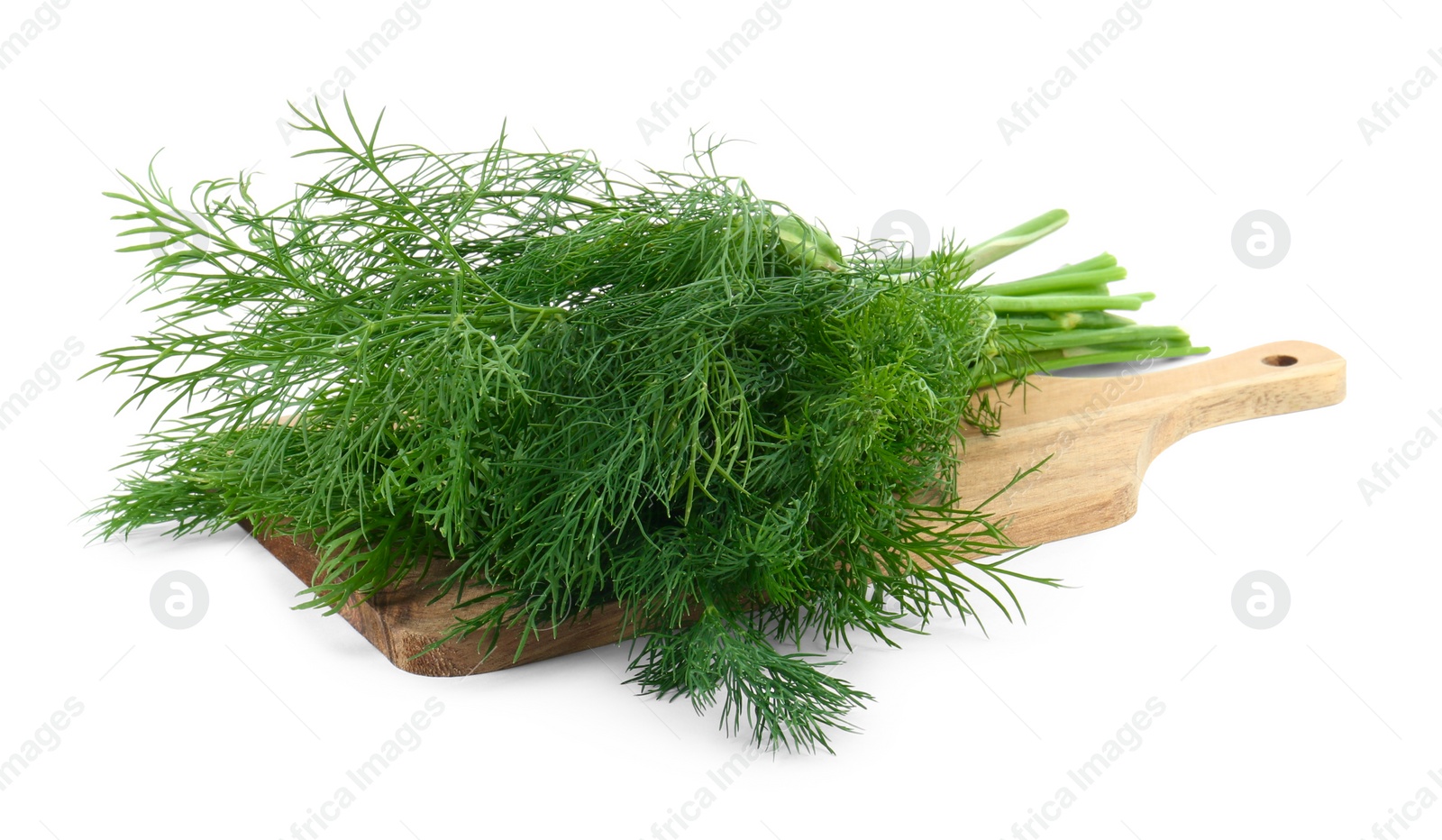 Photo of Wooden board with fresh dill isolated on white