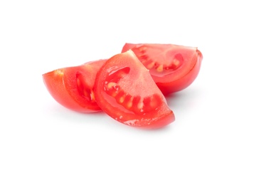 Photo of Cut red tomato on white background