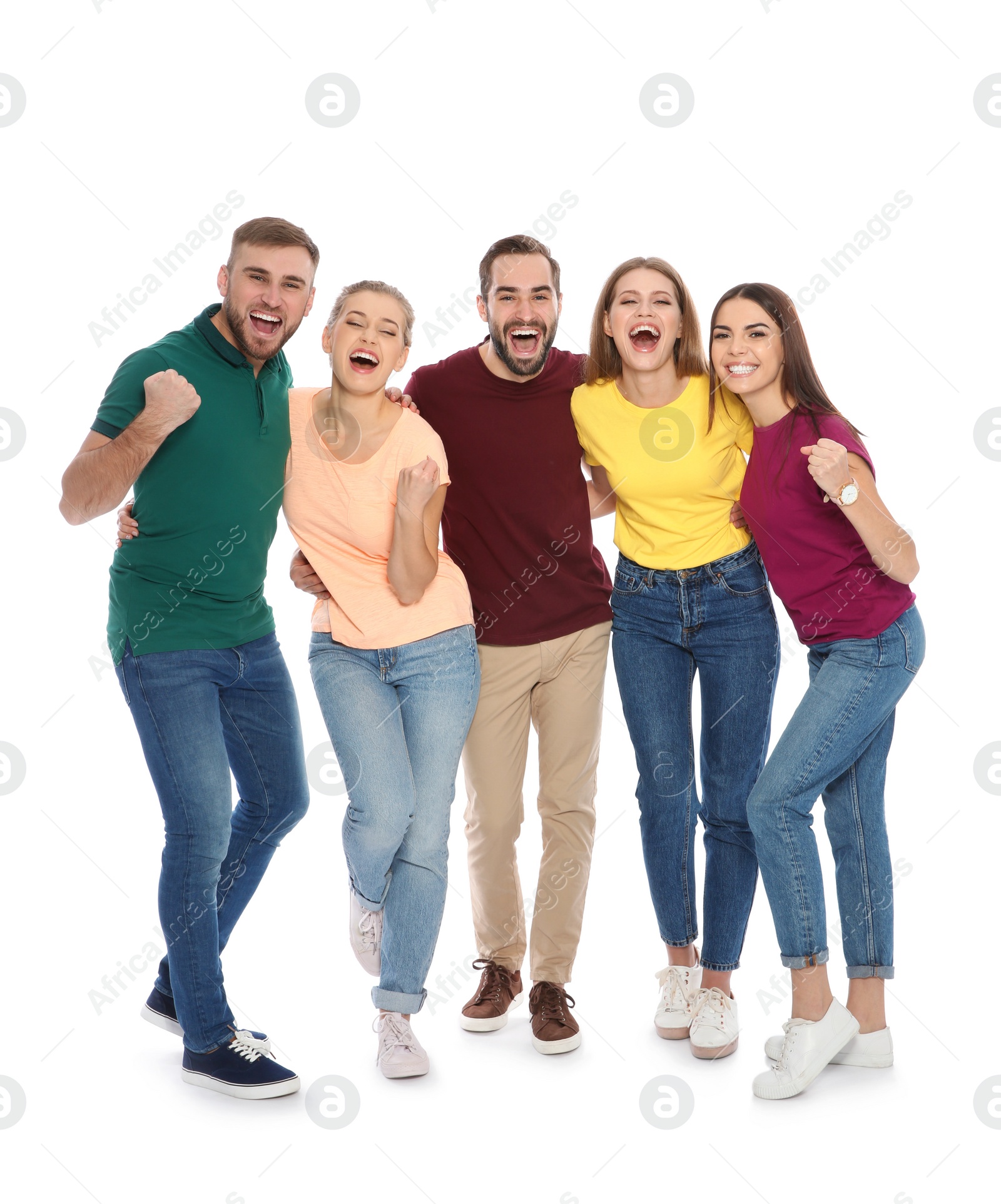 Photo of Young people celebrating victory on white background