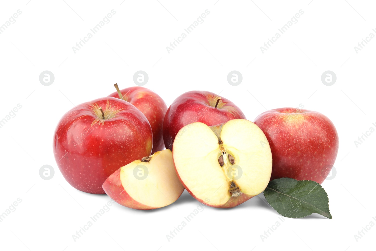 Photo of Ripe juicy red apples with leaf on white background