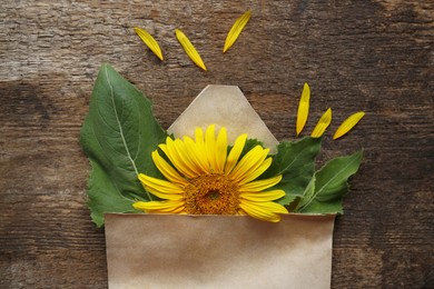 Flat lay composition with beautiful sunflower, leaves, petals and envelope on wooden table