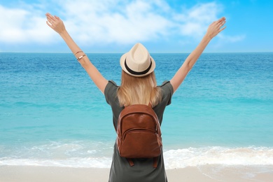 Traveler with backpack on seashore during summer vacation trip, back view