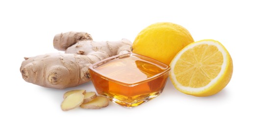 Photo of Natural cough remedies. Bowl with honey, ginger and lemon on white background