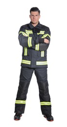 Photo of Full length portrait of firefighter in uniform on white background
