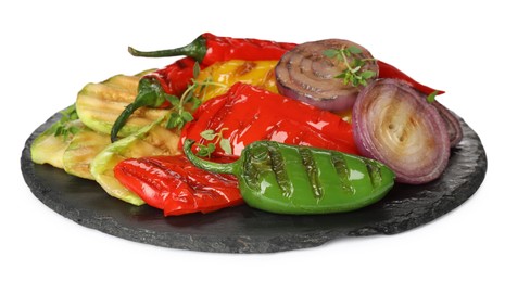 Different delicious grilled vegetables on white background