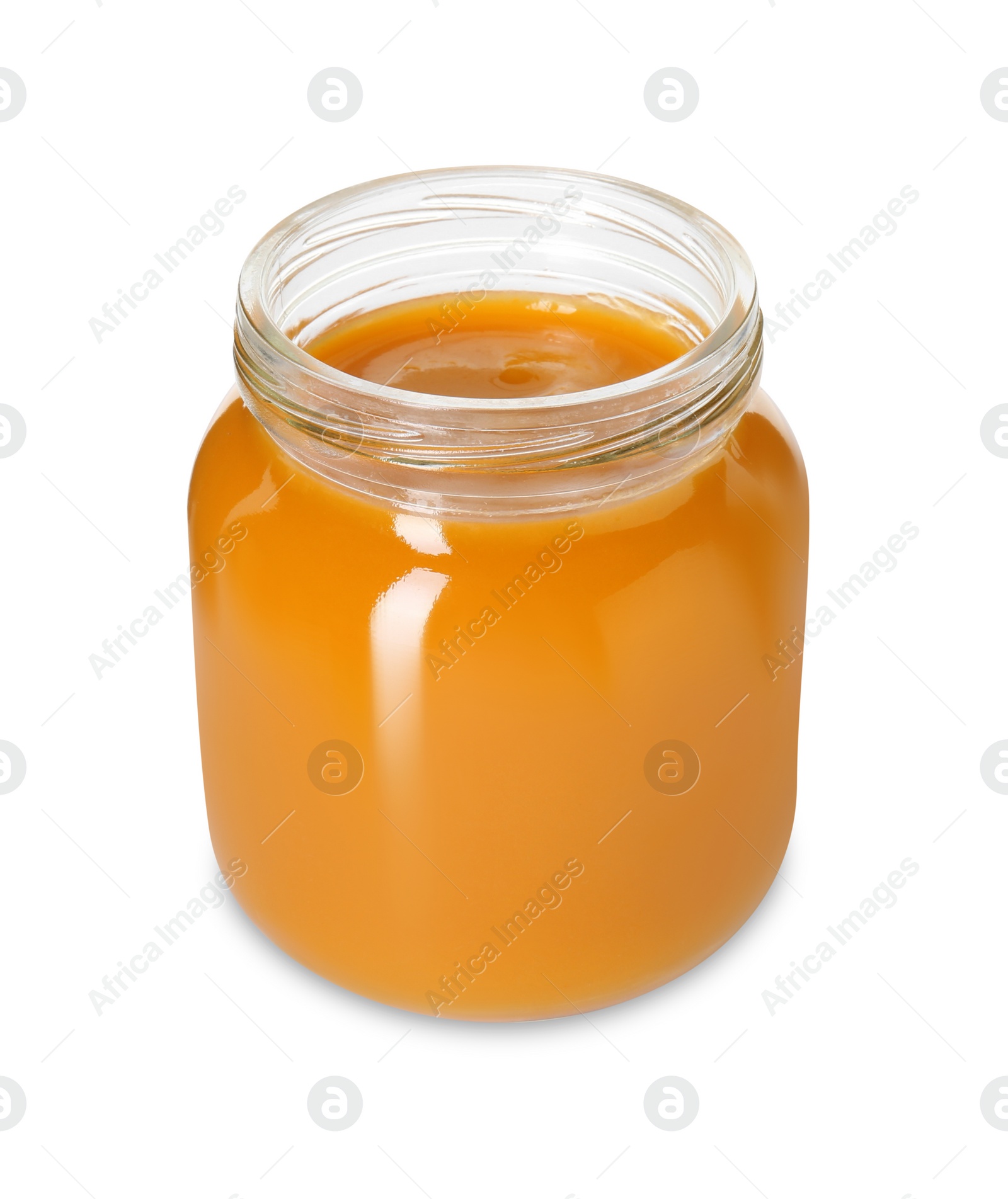 Photo of Baby food. Tasty healthy puree in jar isolated on white