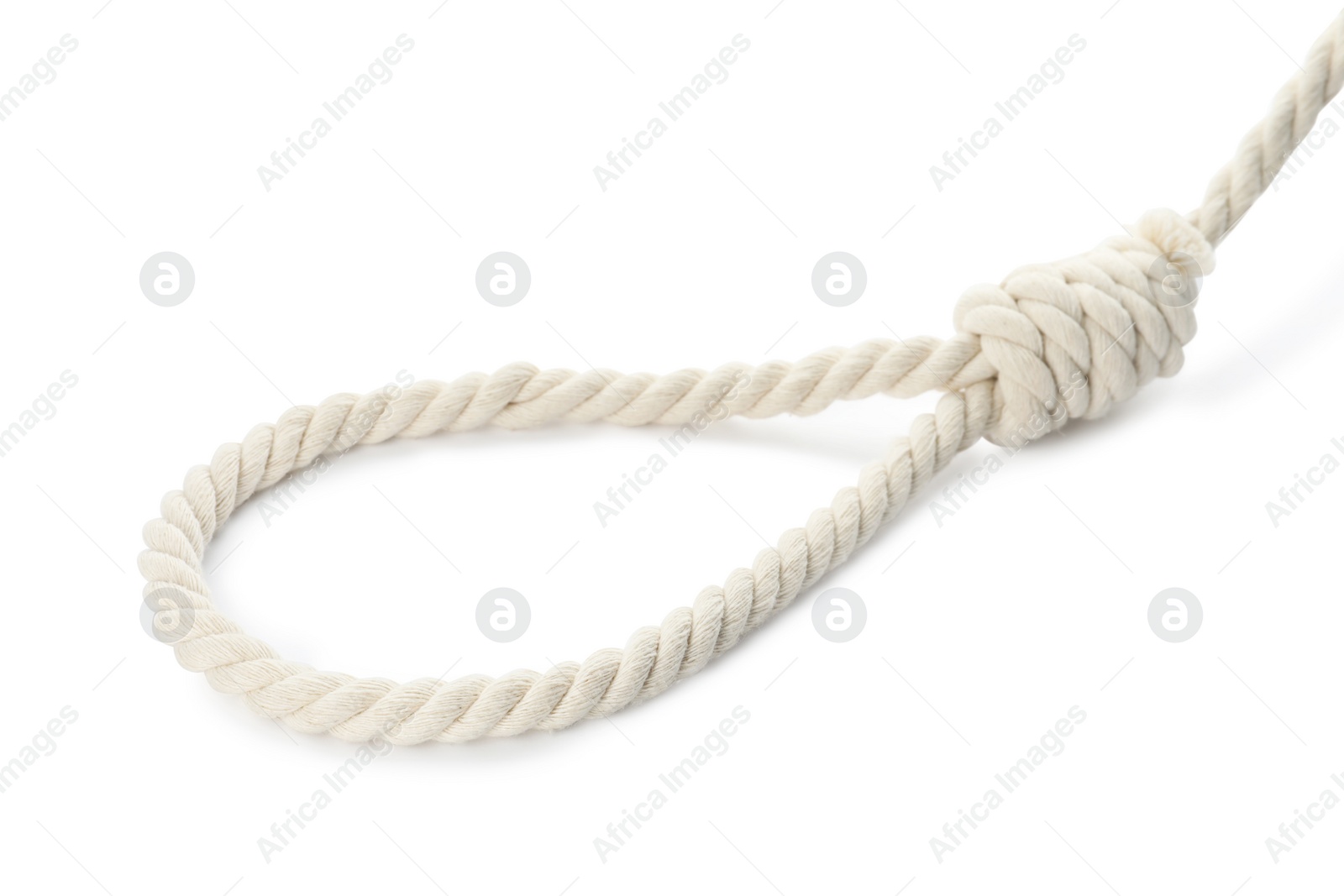 Photo of Rope noose with knot on white background