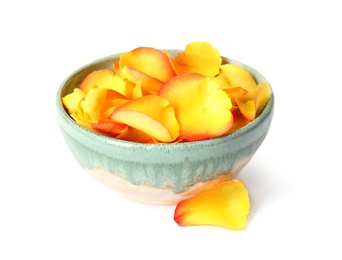 Photo of Bowl with rose petals on white background