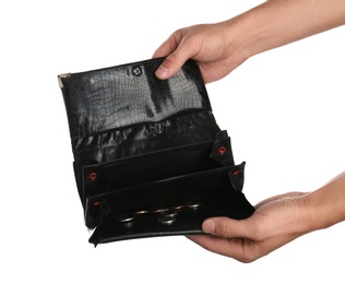 Photo of Poor man showing his empty wallet on white background, closeup
