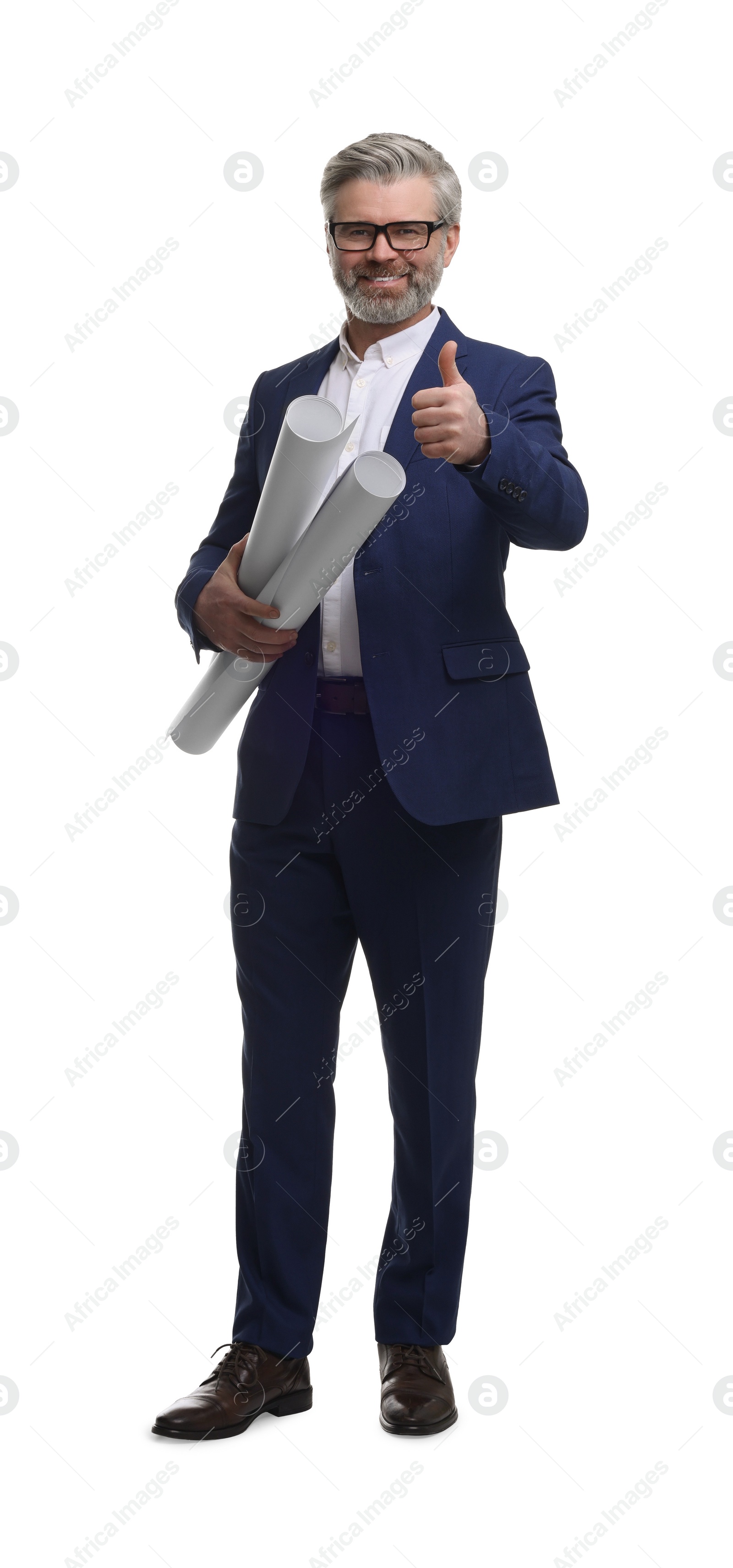 Photo of Architect in glasses holding drafts showing thumb up on white background