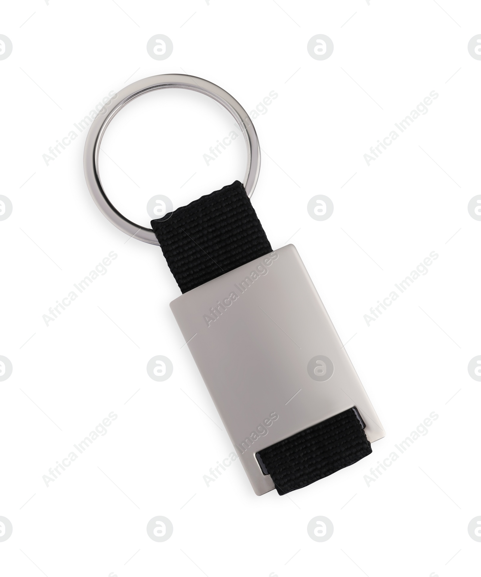 Photo of Metal keychain isolated on white, top view