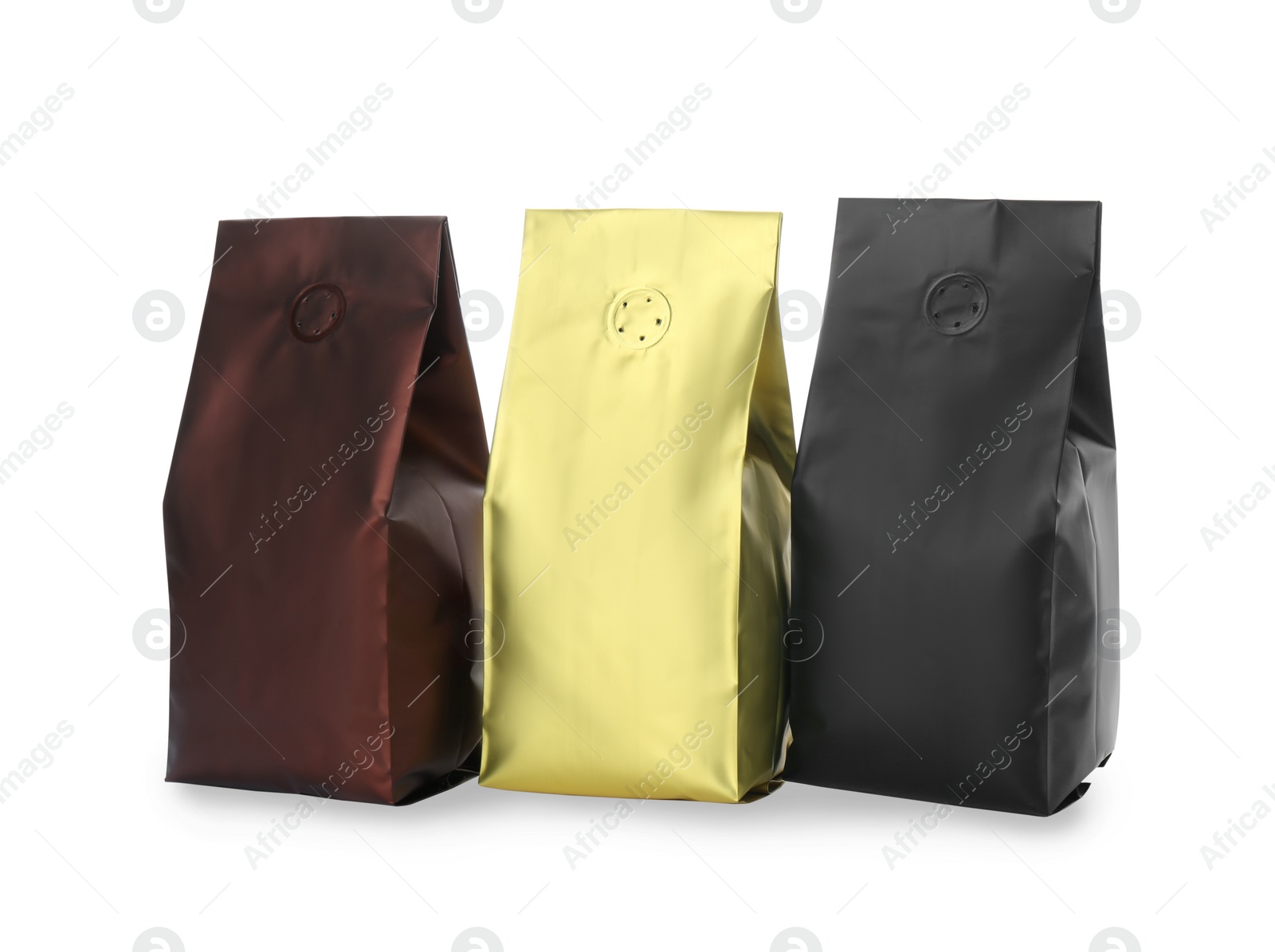 Photo of Different blank foil packages isolated on white