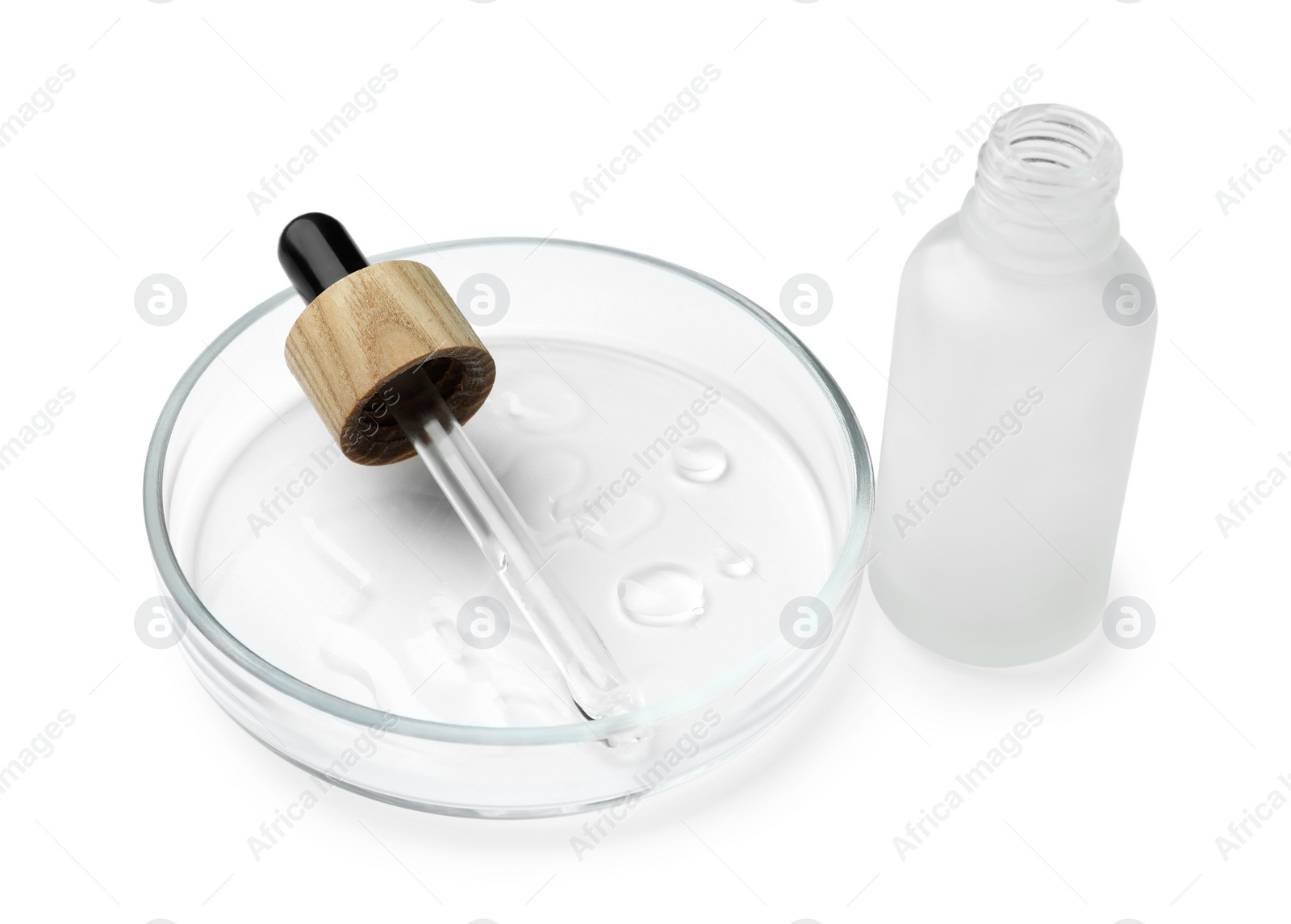 Photo of Petri dish with cosmetic product on white background
