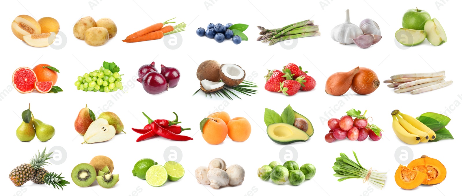 Image of Assortment of organic fresh fruits and vegetables on white background. Banner design