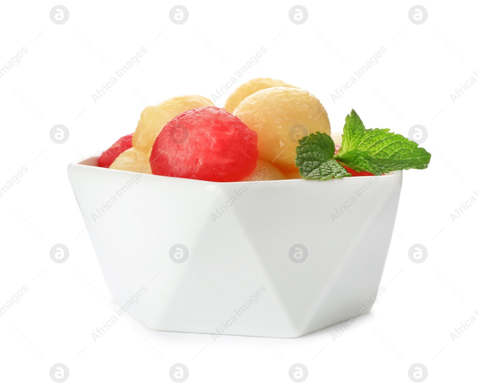 Photo of Bowl with melon and watermelon balls on white background