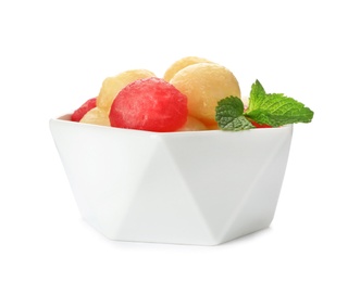 Photo of Bowl with melon and watermelon balls on white background