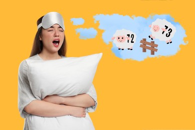Image of Insomnia. Tired woman with pillow yawning and counting to fall asleep on orange background. Thought cloud with illustration of sheep with numbers jumping over fence