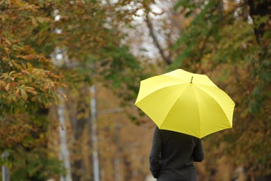 Photo of Woman with yellow umbrella in autumn park, back view. Space for text