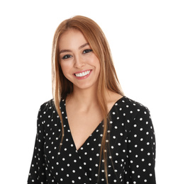 Photo of Teenage girl wearing dress on white background