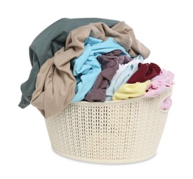 Photo of Laundry basket with clean colorful clothes isolated on white