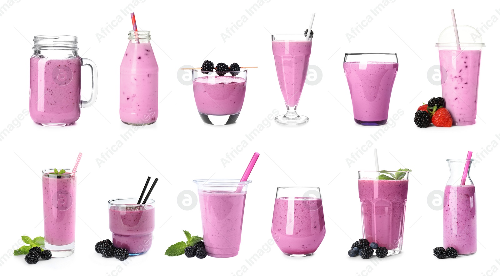 Image of Set with delicious blackberry smoothies on white background