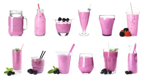 Image of Set with delicious blackberry smoothies on white background