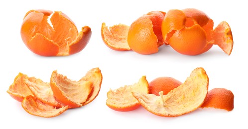 Tangerine peels on white background, collage. Composting of organic waste