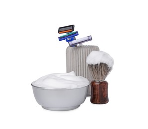 Set of men's shaving accessories on white background