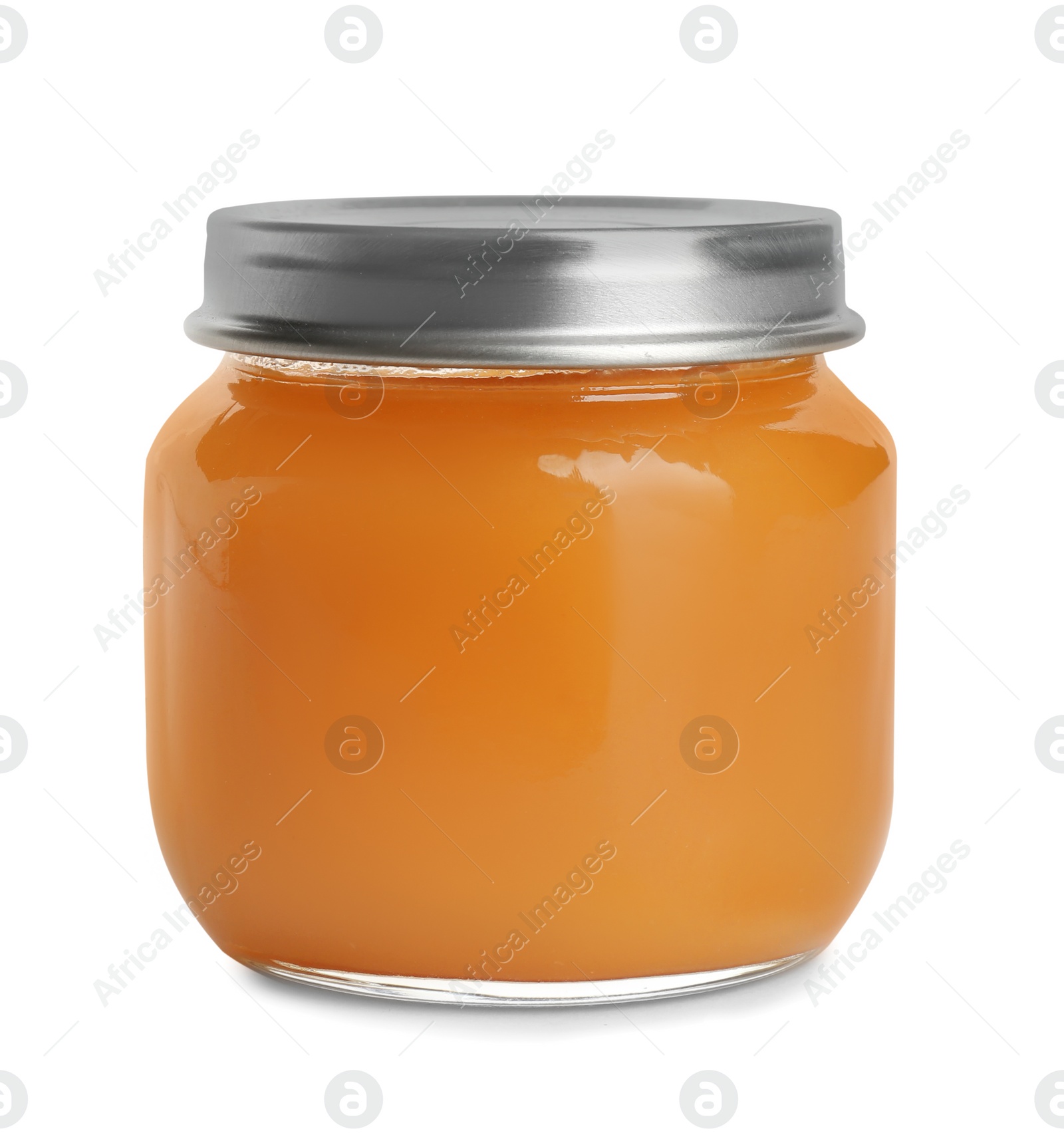 Photo of Jar with healthy baby food on white background