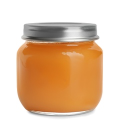 Jar with healthy baby food on white background